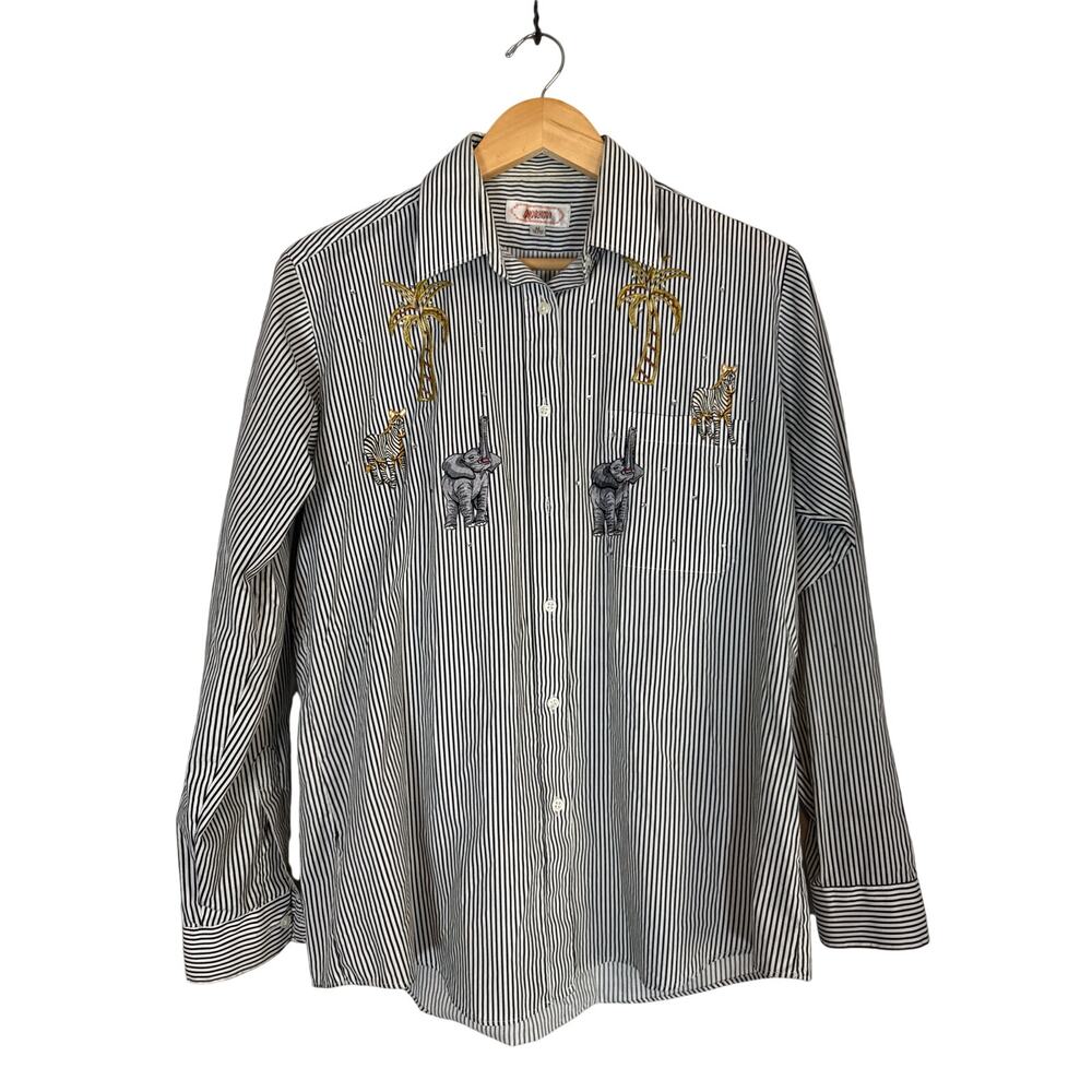 Vintage Safari Black White Striped Top Medium 10/12 Animal Appliques Button Up